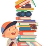 image of a young boy wearing a ball cap and holding a massive stack of books.