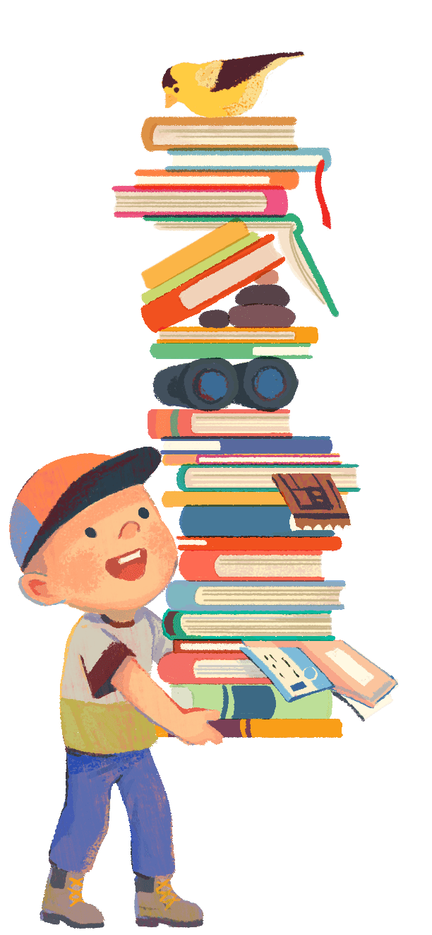 image of a young boy wearing a ball cap and holding a massive stack of books.