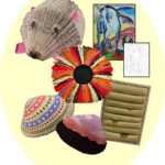 image of arts and crafts projects including a hedgehog and painted shells.