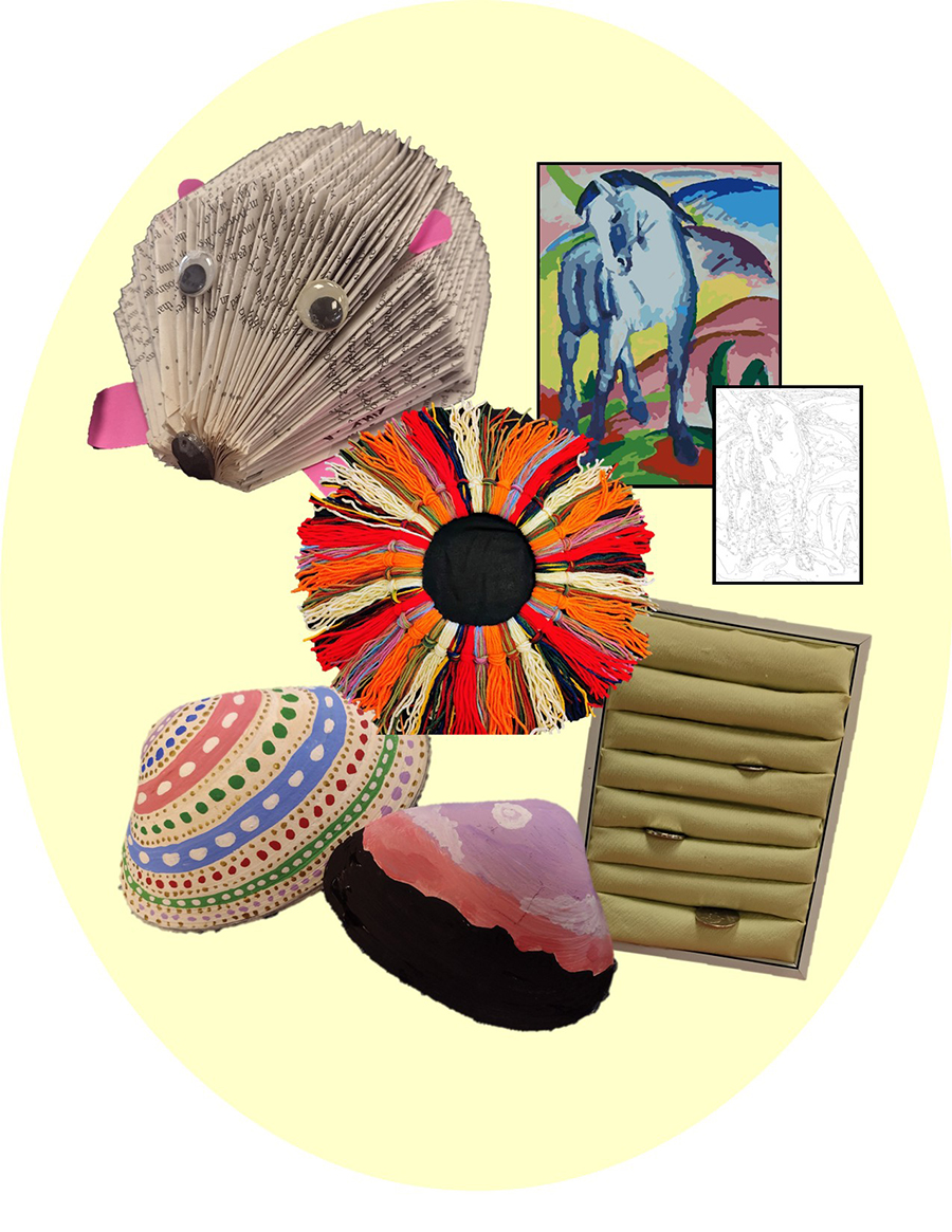 image of arts and crafts projects including a hedgehog and painted shells.