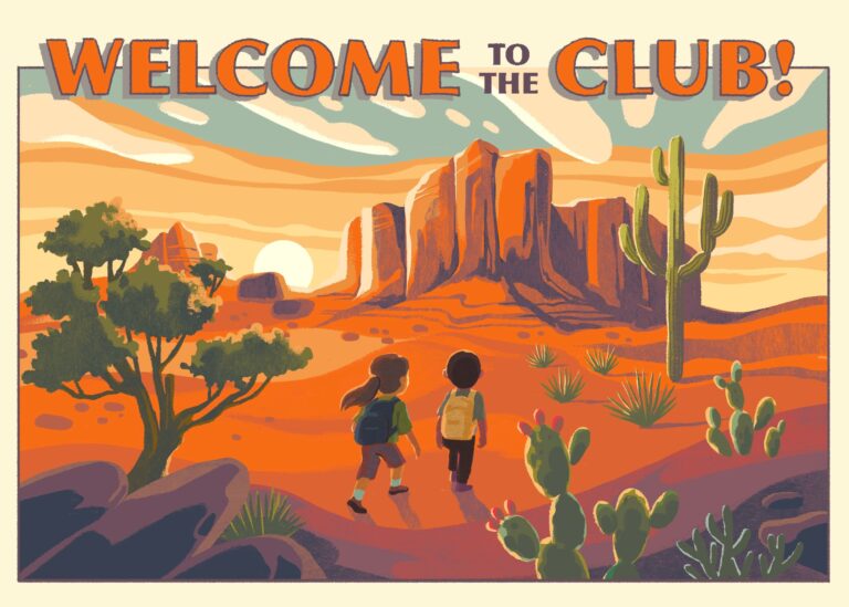 image of two children walking in the desert with the text 'Welcome to the Club'