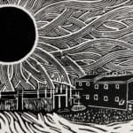 image of a linocut featuring a large sun over two buildings by a river.