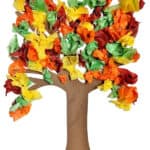 image of a fall tree created with multi-coloured tissue paper.