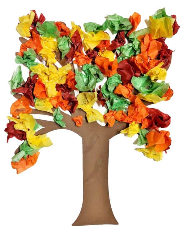 image of a fall tree created with multi-coloured tissue paper.