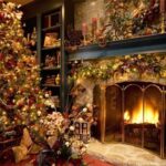 image of a lit fireplace in a living room decorated for Christmas.