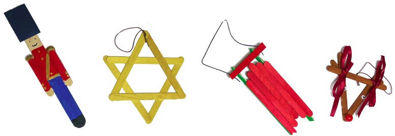 image of four Christmas ornaments, a soldier, star, sled and reindeer, made with popsicle sticks.
