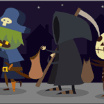 image of three children in Halloween costumes