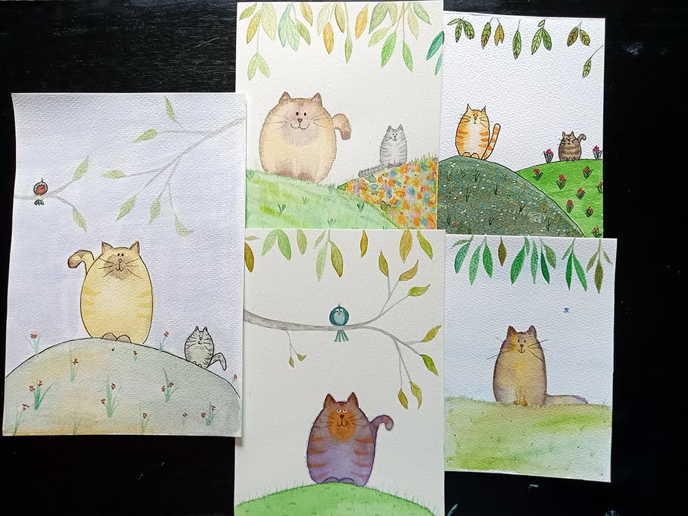 image of five paintings of fat cats.