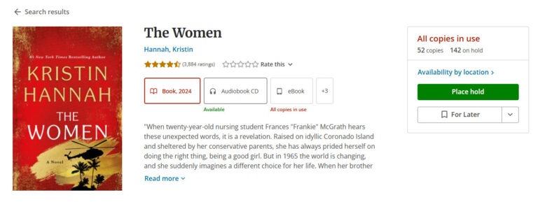 image of a screenshot of the book The Women in the library catalogue.