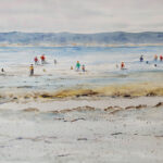 image of a watercolour painting of people on a beach at low tide