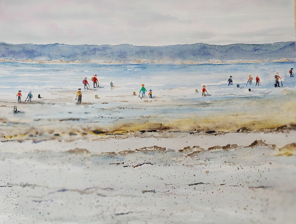 image of a watercolour painting of people on a beach at low tide
