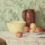 image of a still life painting with a jug, bowl and fruit on a table.