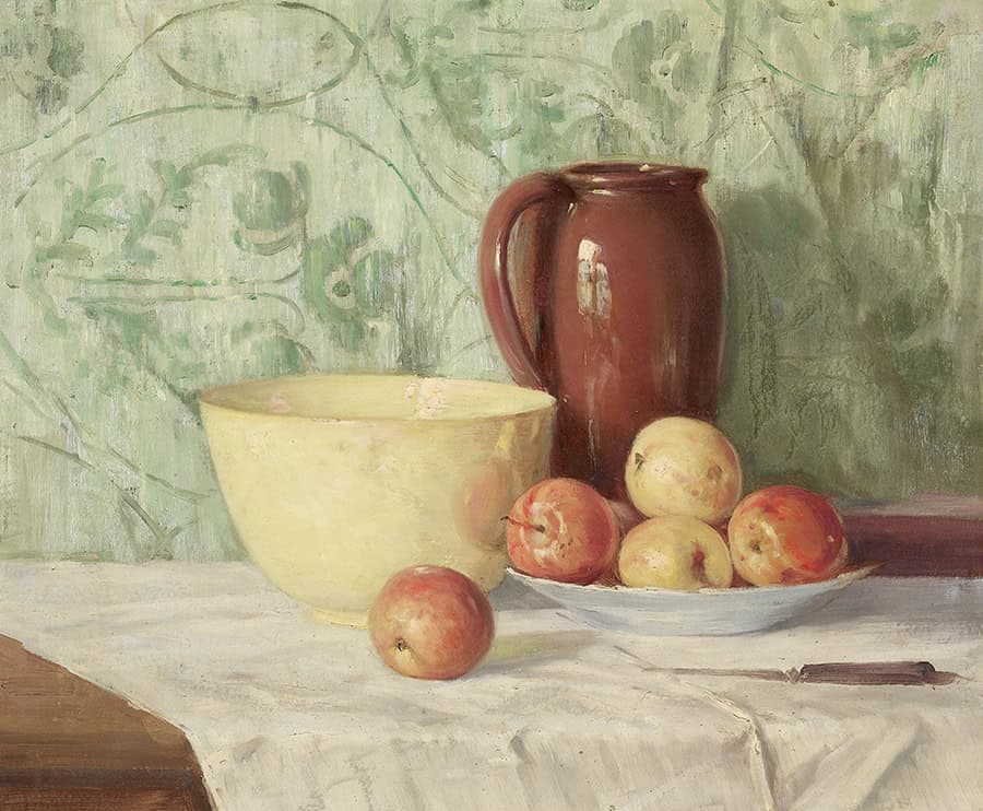 image of a still life painting with a jug, bowl and fruit on a table.