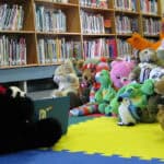 image of a stuffed panda bear holding a book in front of a bunch of stuffies on the library floor.
