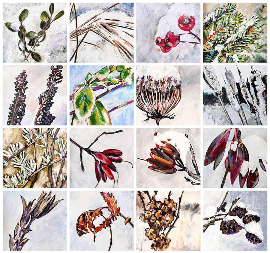 Image of paintings featuring plants in the winter.