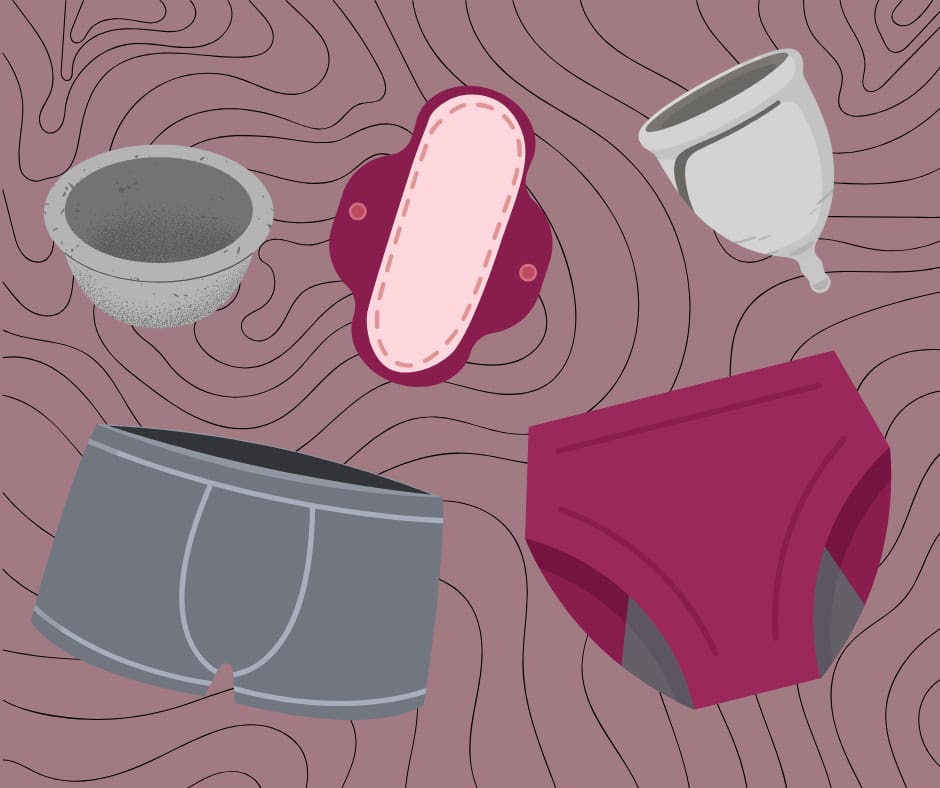 An illustrated menstrual disc, menstrual cup, reusable pad, period panty, and boxers. Colours are a mix of burgundy and gray.