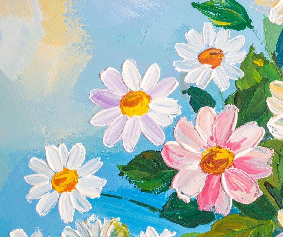 An acrylic painting of pink, white, and cream coloured daisies with a blue sky in the background.