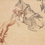 A pencil sketch of a hand pulling cloth and a hand retracting.