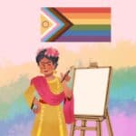 A cartoon of Frieda Kahlo painting on an easel. The background has a water colour rainbow. Above her is the 2SLGBTQ+ flag.