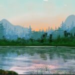 Scenery of a lake with mountains and trees at sunrise. The art is digitally created.