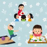 Cartoon of a boy with green shirt bowling. A girl with a pink shirt making a flower craft. A woman with a pink shirt doing trivia with three children.