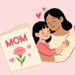 Cartoon of a mother and daughter hugging. The mom has dark skin and medium length black hair and the daughter has light skin and short black hair. Next to them is a card that says "MOM" with a carnation flower.