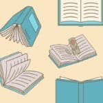 Cartoon of five blue books. Some are open, some pages are flipping, and one has a bookmark. The background is yellow.
