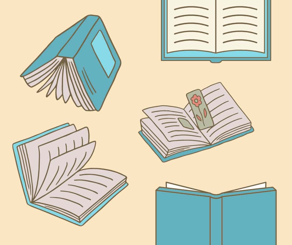 Cartoon of five blue books. Some are open, some pages are flipping, and one has a bookmark. The background is yellow.
