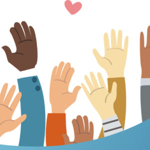 Cartoon hands raised in the air with small hearts above them. Skin tones range from light to dark and the heights of people vary.