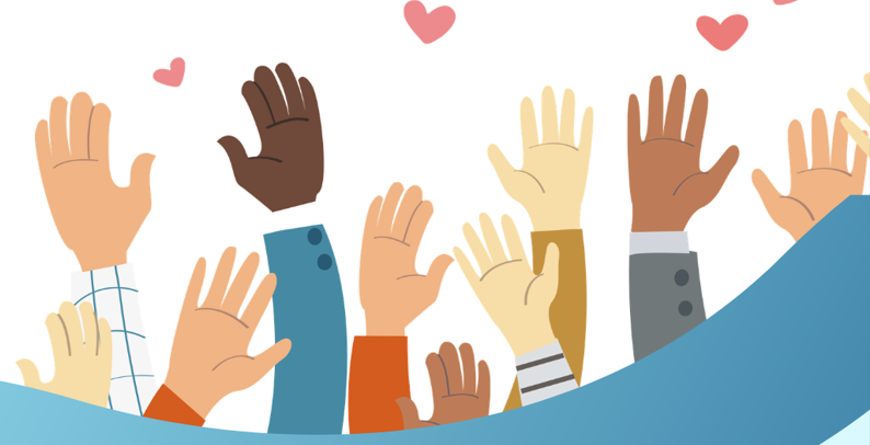 Cartoon hands raised in the air with small hearts above them. Skin tones range from light to dark and the heights of people vary.