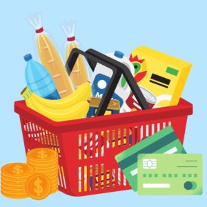 A red grocery basket filled with food. Beside it are two green credit cards and gold coins.
