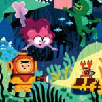 A boy in an old fashioned scuba suit pointing a flashlight at a crab. They are at the bottom of the ocean. Above them are mer-creatures and a shark.