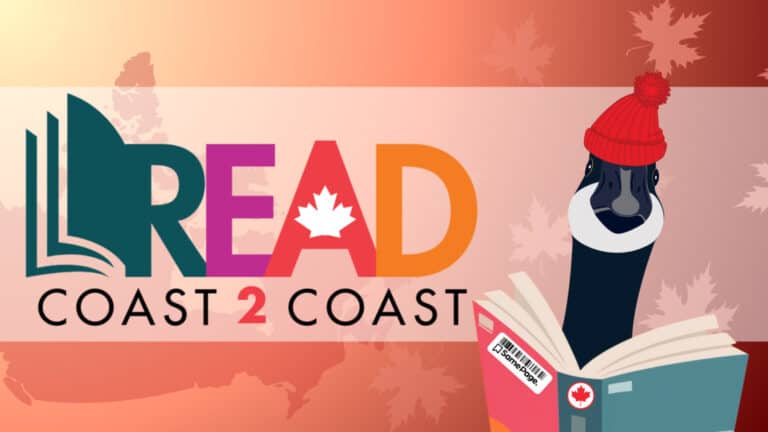 A cartoon of Gerard the Canada Goose, Read Coast to Coast's mascot. The text is Read Coast to Coast's logo.