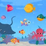 A cartoon scene of a coral reef. It features cute cartoon fish like a stingray, pufferfish, octopus, etc.