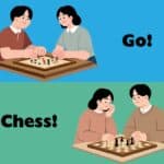 On the top is a cartoon of a man and woman playing Go against a blue background. On the bottom is a cartoon of a man and woman playing Chess against a blue background.