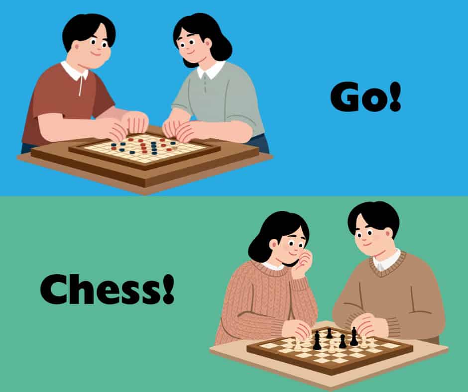 On the top is a cartoon of a man and woman playing Go against a blue background. On the bottom is a cartoon of a man and woman playing Chess against a blue background.