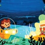 A cartoon of a boy underwater in a submersible vehicle. He has the lights pointed at a crab holding a message in a bottle above its head. It looks shocked to be seen!