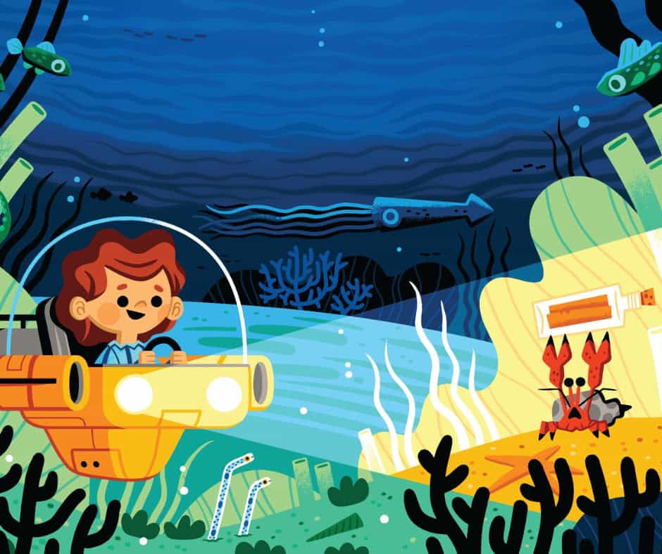 A cartoon of a boy underwater in a submersible vehicle. He has the lights pointed at a crab holding a message in a bottle above its head. It looks shocked to be seen!