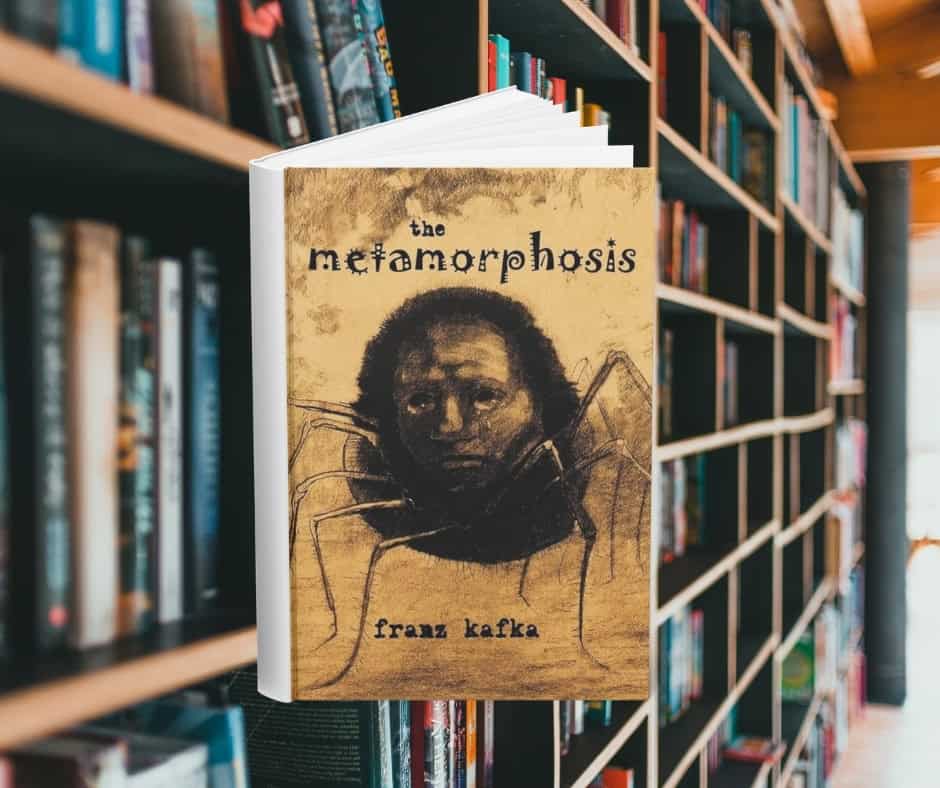 The cover has a drawn image of a giant bug with a disturbing man's face. Behind the cover are shelves of books.