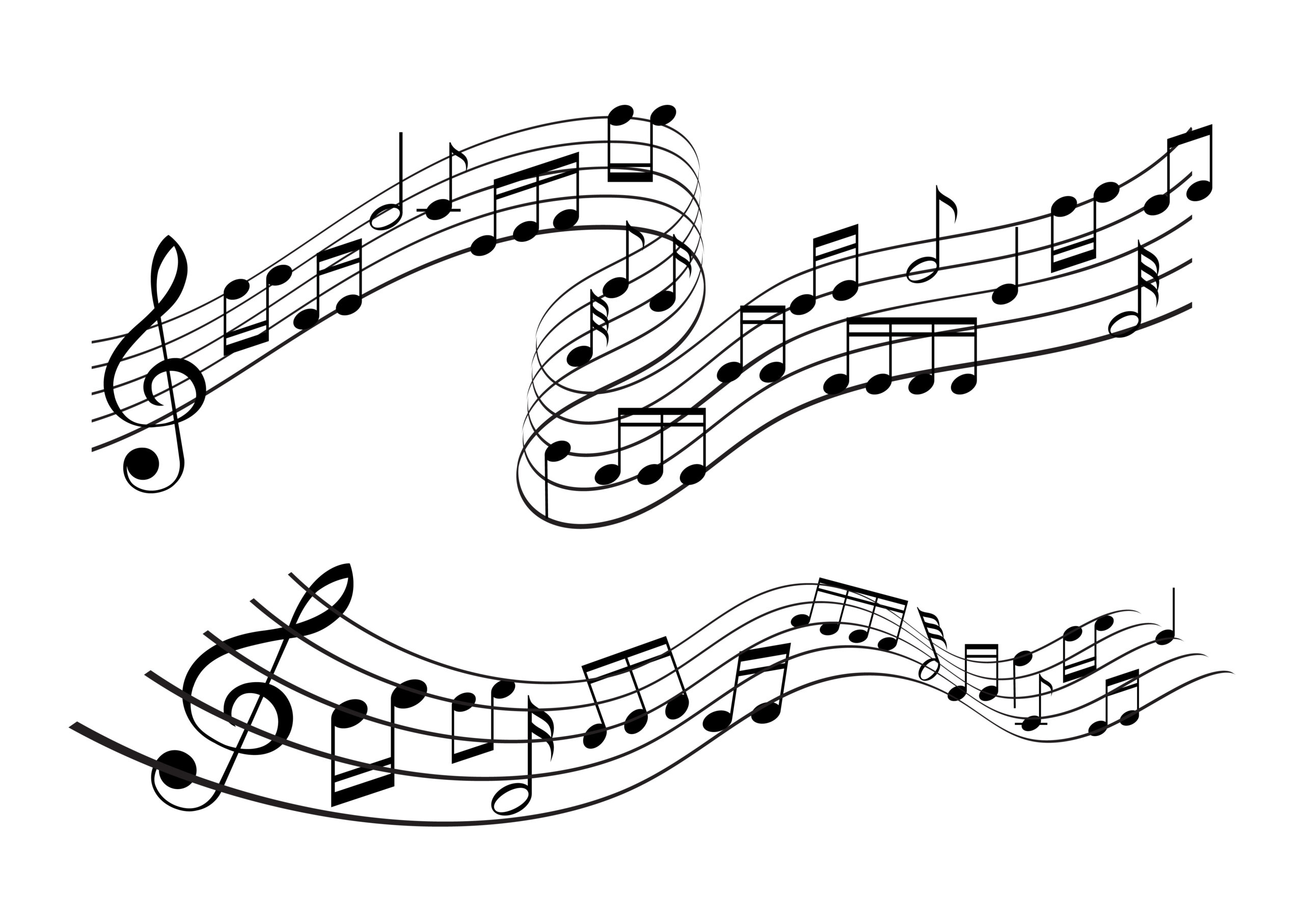 Music notes on scales twirl against a white background. It is a visual representation of someone playing music.