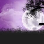 The silhouette of a swing hanging from a tree branch with a large moon and clouds behind it. The sky is in shades of purple. This image was made on the Autodesk app.