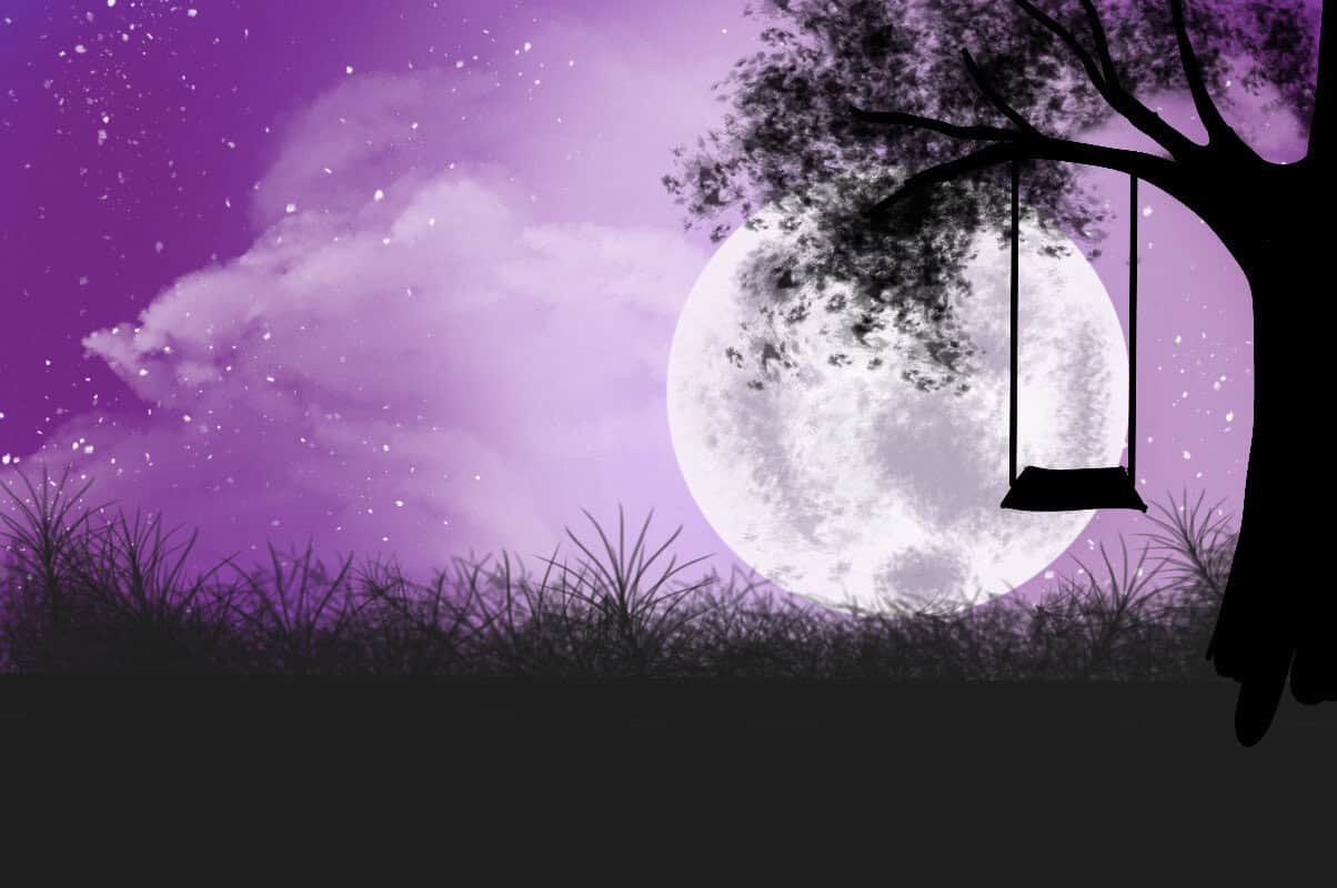 The silhouette of a swing hanging from a tree branch with a large moon and clouds behind it. The sky is in shades of purple. This image was made on the Autodesk app.
