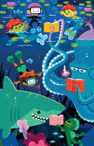 A cartoon of kids, ocean creatures, and sea monsters reading for the TD Summer Reading Club. The art is made by Andrew Kolb.