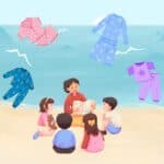 A cartoon of a woman reading to a group of children at the beach. In the sky there are floating pajamas for bedtime stories.