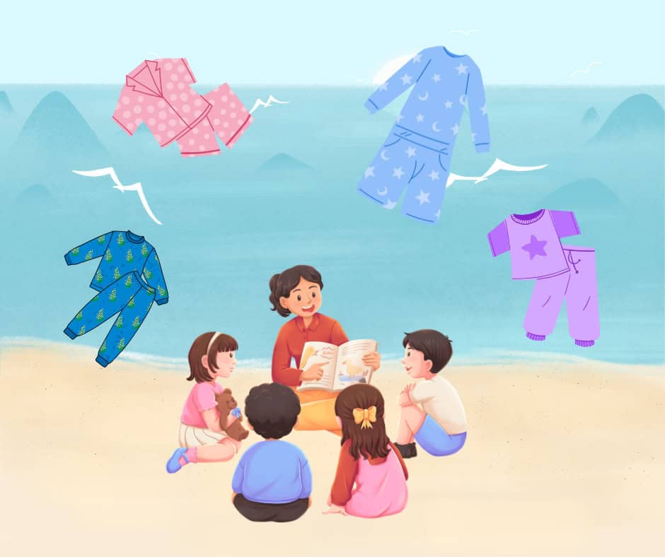 A cartoon of a woman reading to a group of children at the beach. In the sky there are floating pajamas for bedtime stories.