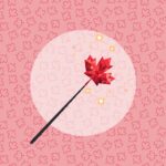 A Canada Day wand that has a red maple leaf at the top. Golden glitter surrounds it. The background is red with tiny maple leaves.