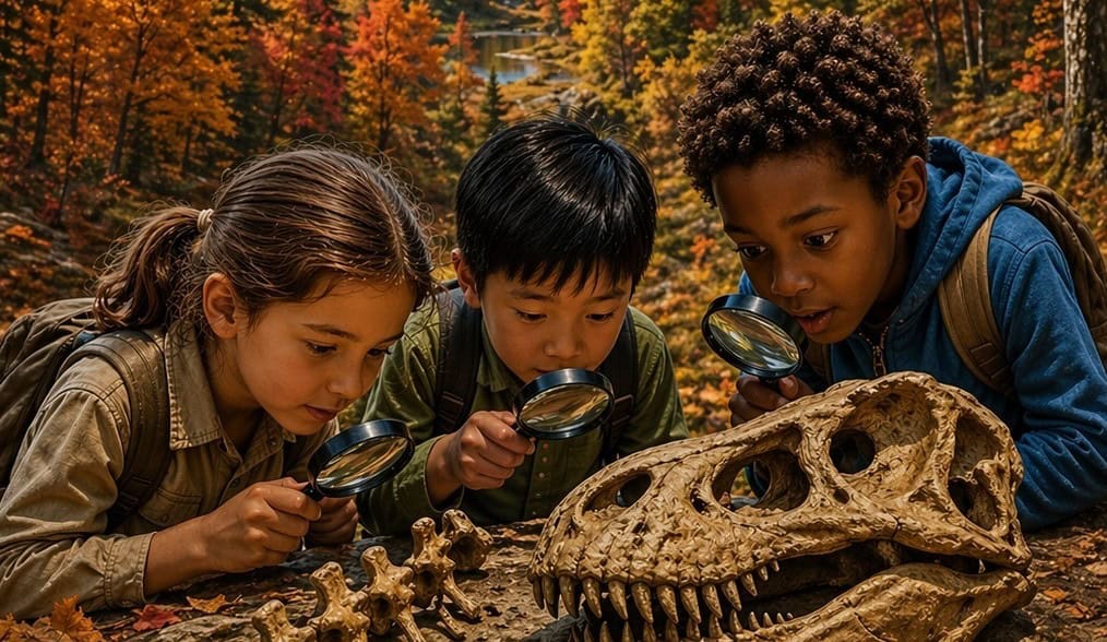 An illustration of a Caucasian girl, Asian boy, and an African-Canadian boy inspecting dinosaur bones with magnifying glasses.