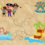 Cartoon kids embarking on a pirate scavenger hunt. One path leads to mermaids, one leads to a sea monster, and one leads to the treasure!