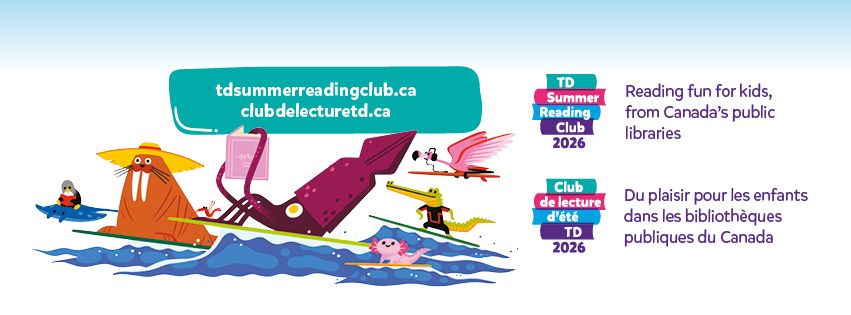 A cartoon of a walrus, squid, flamingo, alligator, and axolotl surfing together! Some are reading, listening to an audiobook or focusing on surfing. The text gives the TD Summer Reading Club website link and logos.