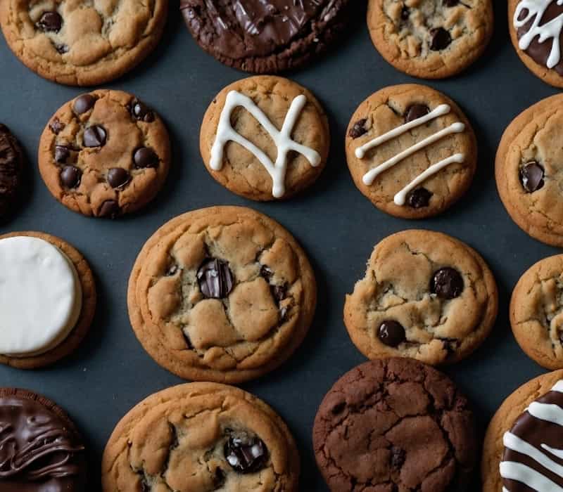 A variety of cookies laid out on a table. There are chocolate chip, double chocolate chip, and iced cookies.